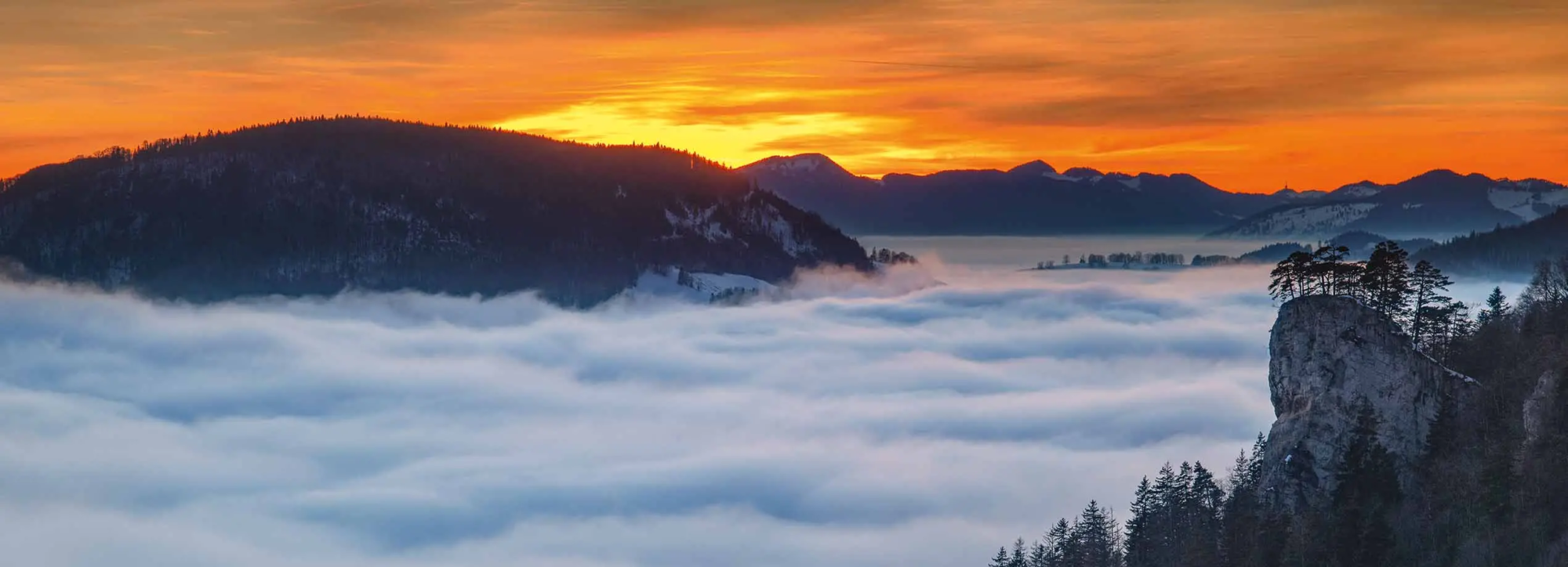 Au-dessus des montagnes du Jura, une mer de brume s'étend à perte de vue, enveloppant les sommets dans une douce étreinte nuageuse. Les crêtes des montagnes émergent à travers ce voile épais, comme des îles flottant dans un océan de brouillard. La lumière du matin filtre à travers les nuages, ajoutant une teinte dorée et mystique à ce paysage paisible.. Gascard Nicolas - Jura